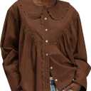 2 x HOCANDY Peter Pan Collar Shirt Women Button Down Blouses Cute Business Casual Long Sleeve Loose Shirred Lace Trim Shirts Brown (Brown, M)