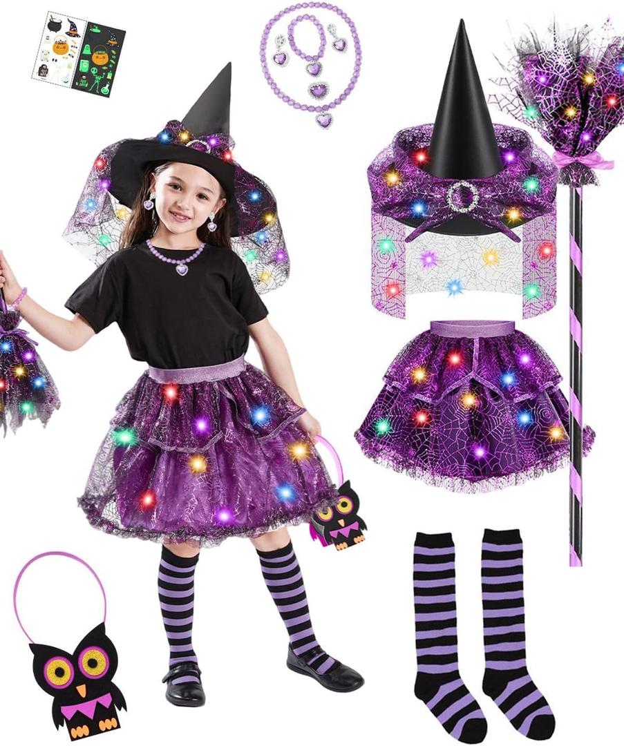 Witch Costume for Girls Aged 3-8 Years Halloween Light Up Skirt with Broom Hat Treat Bag Kids Toddler Girls Dress Up (Purple)