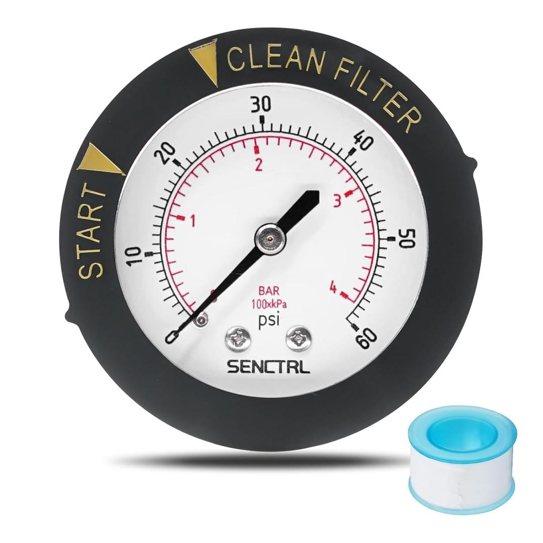 SENCTRL 0-60 Psi Pool Filter Pressure Gauge, 2 inches Dial, 1/4 NPT Back Mount, Stainless Steel Case, Waterproof, Clean Filter Indicator, for Swimming Water Pump Spa Aquarium Pressure Test