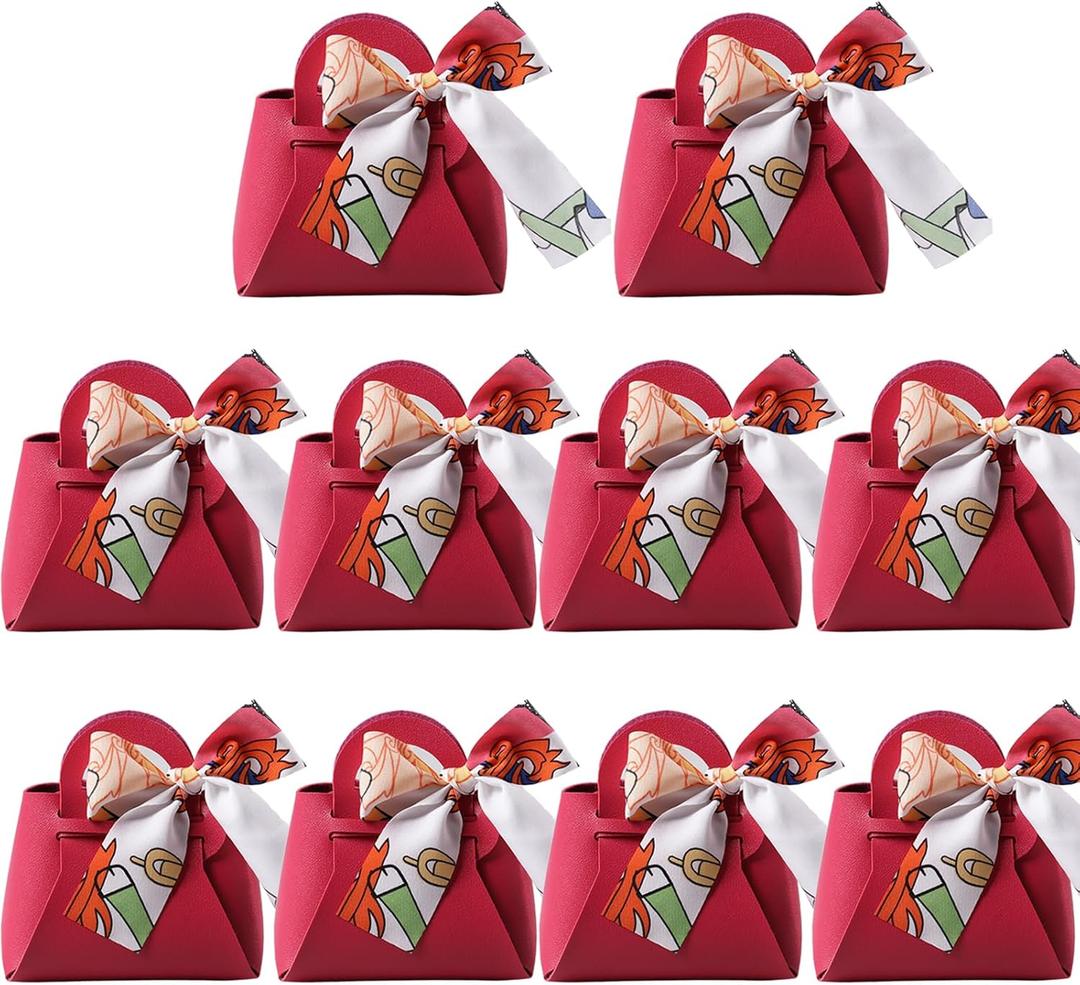 HOSDZOU 10 Pack Leather Wedding Candy Gift Bags with Handle Reusable Party Favor Boxes for Weddings, Baby Showers, Birthday, Weddings,Christmas, Halloween (Rose red, Medium)