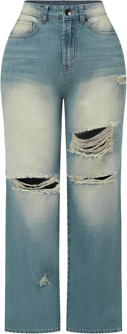 THUNDER STAR Womens High Waisted Wide Leg Jeans Stretchy Distressed Denim Pants (Blue, S)