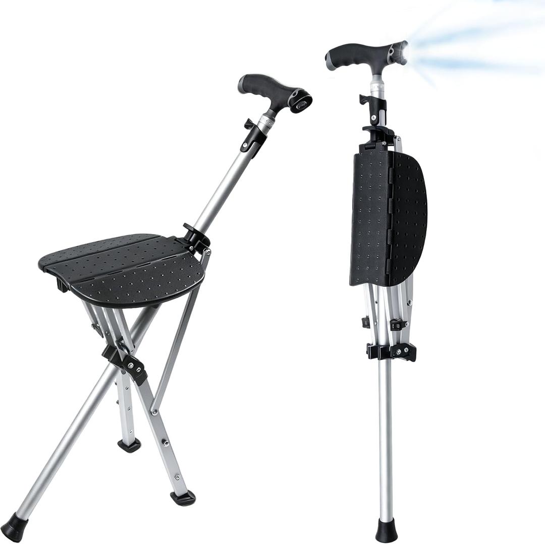 Cane with Seat Folding Lightweight, Walking Cane with LED Light, Adjustable Cane Chairs for Seniors Men Women, Aluminum Alloy Sturdy Walking Stick with Seat (Silver)