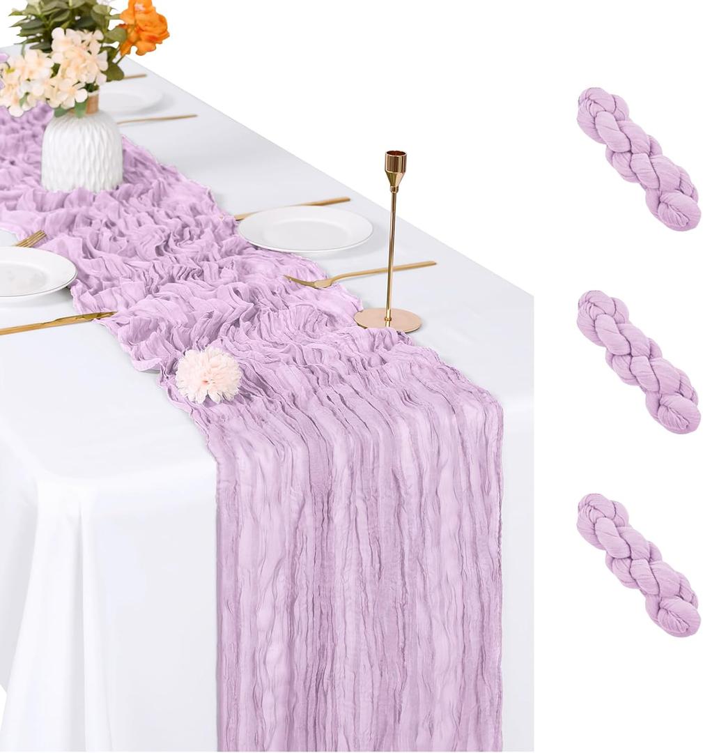 3 Pack Lavender Cheesecloth Table Runner, 17 x 108 inch, Semi Sheer Boho Cheese Cloth Fabric Table Runner Bulk for Wedding, Birthday, Party, Holiday, Home Decor (Lavender)