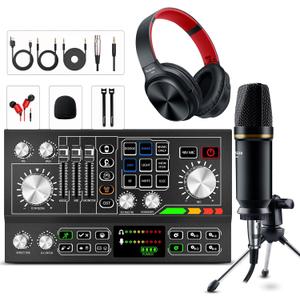 Podcast Equipment Bundle Aluminum Alloy Panel with Studio Condenser Microphone Sound DJ Mixer Broadcast Audio Interface DIY Sound Effect For PC Laptop Phone,Streaming Recording, Black (HS-AP901 (Black))