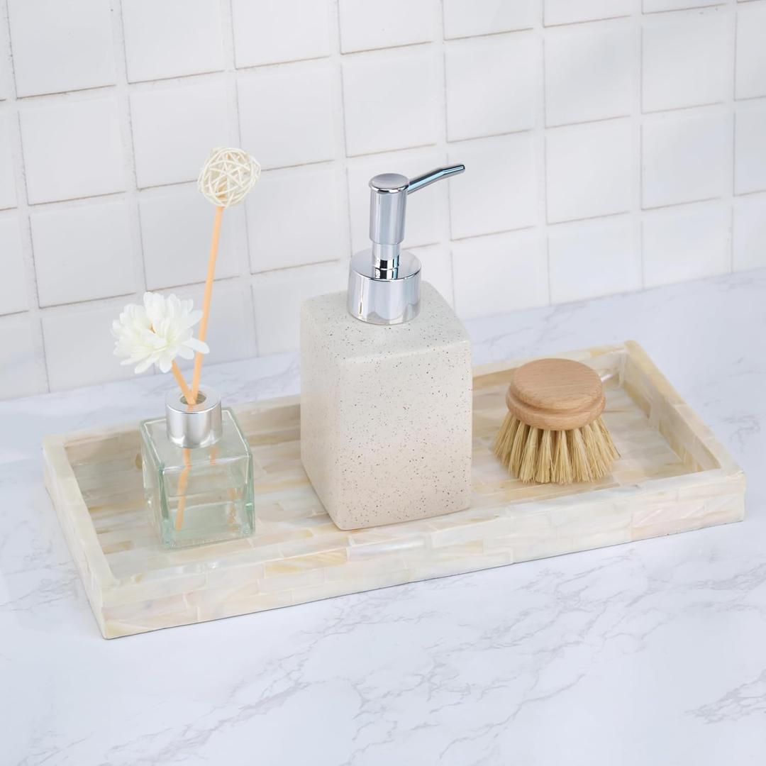 PEMAR Set of 1 Mother of Pearl Vanity Tray for Bathroom Counter, 11" Wooden Organisation Valet Tray for Perfume Makeup Bedroom Dresser Kitchen Sink Countertop Organizer, Toilet Tank (White Tiles)
