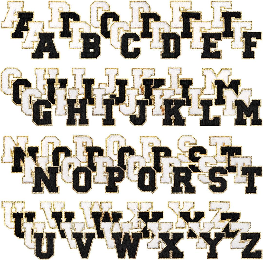 104 Pcs Letter Patch Iron on Chenille A-Z Repair Alphabet Applique Patches Embroidered Letter Sew on with Gold Border for Bags Shirts(2.36'',Black, White)