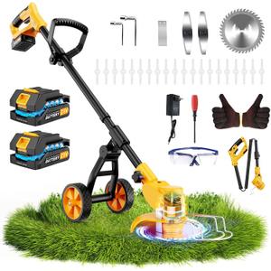 Electric Weed Wacker Cordless with Wheels,Electric Weed Eater Battery Powered,4 in 1 Grass Trimmer/Brush Cutter/Grass Edger/Small Lawn Mower,No String Trimmer with Metal Blade,2 Battery (Yellow), Medium