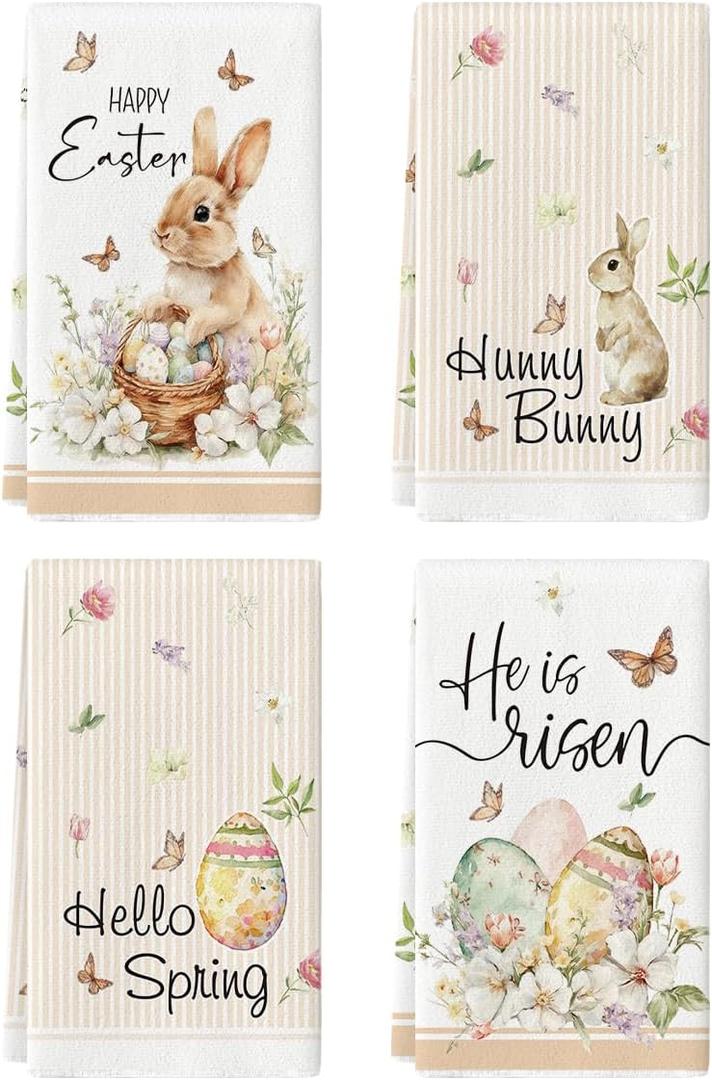 Artoid Mode Butterfly Rabbit Bunny Eggs Flower Basket Easter Spring Kitchen Towels Dish Towels, 18x26 Inch Farmhouse Summer Decoration Cleaning Set of 4