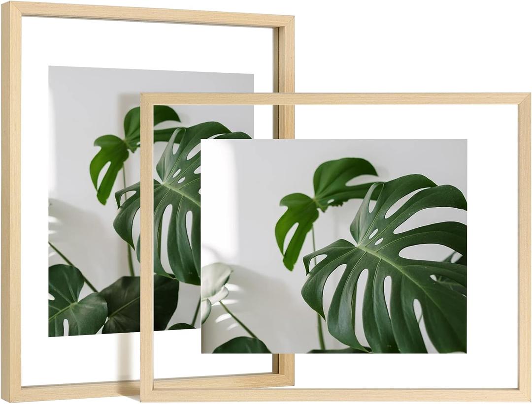 Egofine 11x14 Floating Frames Set of 2, Double Plexiglass Picture Frame, Made of Solid Wood Display Any Size Photo up to 11x14, Wall Mount or Tabletop Standing, Natural Wood