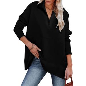 Dokotoo Women's Casual Oversized Half Zip Sweatshirts Long Sleeve Solid Color Pullover Jackets with Pockets (Large, Black)
