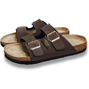 Mens Cork Footbed Sandals, Arch Support Slides with Adjustable Buckle Soft Cushioning, Lightweight Design, Walking Sandals for Travel and Everyday Wear, 45, Brown