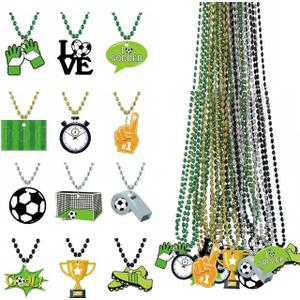 24 Pcs Soccer Ball Bead Necklaces with Pendant Green Black Gold Silver Sports Soccer Stuff Party Paper Pendant Accessories for Soccer-Themed DIY Crafts And Fan Accessories