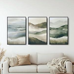 Large Framed Crystal Porcelain Wall Art for Living Room Bedroom Hallway Stair Office, Grey Green Mountain 3 Piece Landscape Canvas Prints Pictures with Metal Frame, Waterproof, 20x30 inch