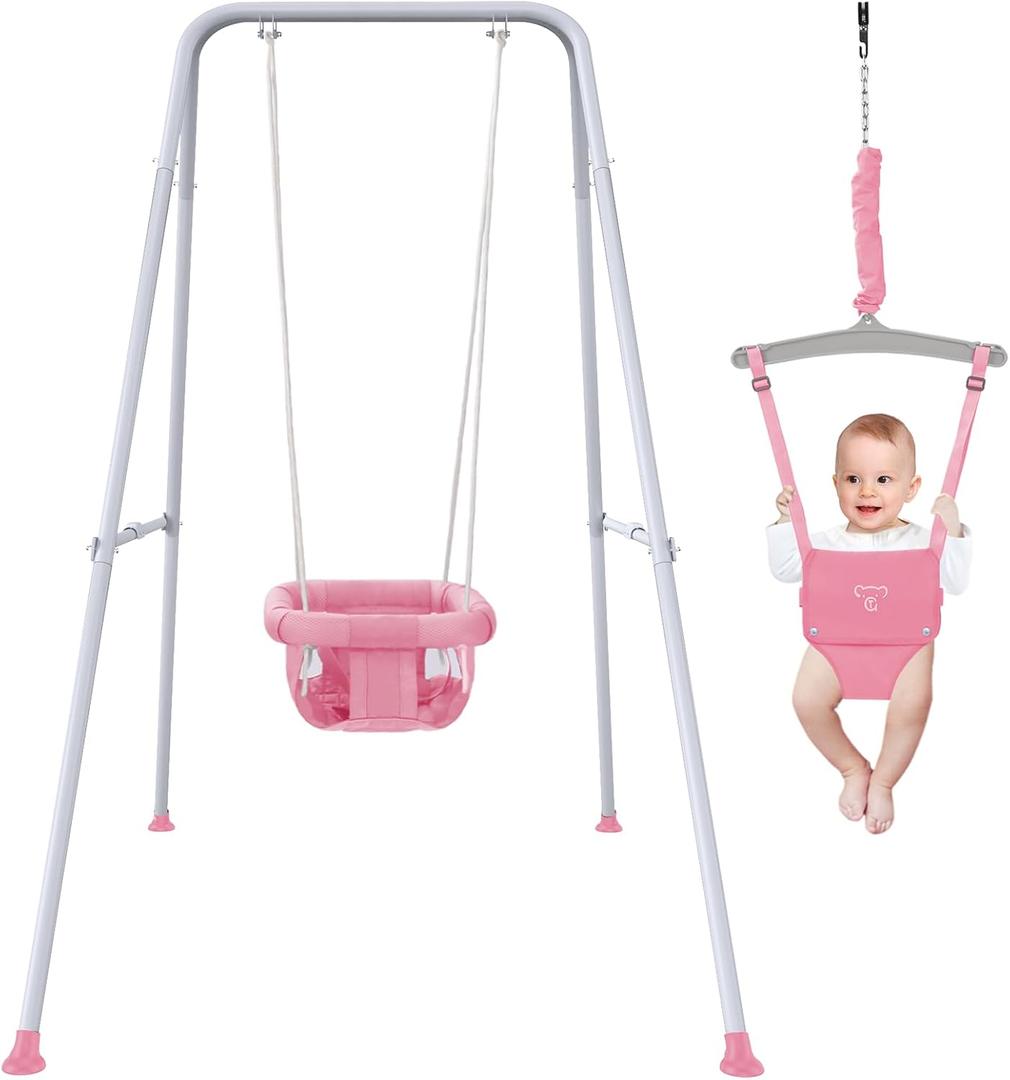 2 in 1 Baby Jumper with Swing - Indoor and Outdoor Use, Toddler Swing with Foldable Stand Pink