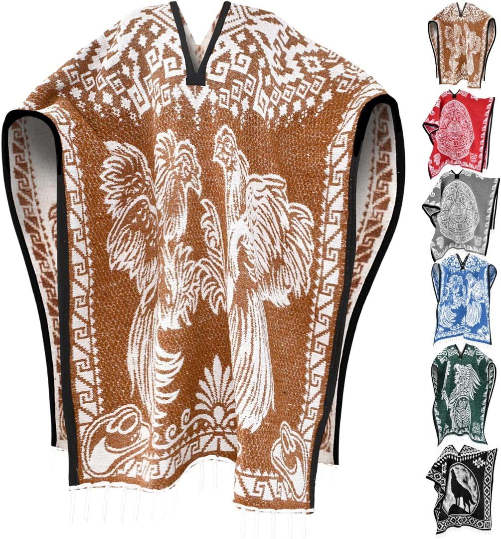 Artisans Bazaar Mexican Poncho Sarape Aztec Men Hombre Mexico Gabanes Mexicanos Western Cowboy Costume Adulto Jorongos (Rooster Brown)