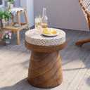 Outdoor Side Table with Imitation Terrazzo Desktop, Mushroom Shaped MgO Concrete Side Table, Modern Vintage Patio End Table, Unique Round Accent Table for Indoor Outdoor Use, Brown