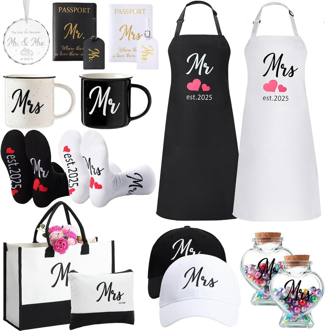 15 Pcs 2025 Wedding Gift Mr and Mrs Gifts for Couples Set, Mr and Mrs Aprons Wedding Honeymoon Bridal Shower Cooking Gifts Ideas for Bride Groom Engagement Anniversary Travel(Bride)