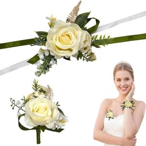 White Ivory Corsage and Boutonniere Set for Bride Groom, Artificial Rose Flowers Wrist Corsage Bracelets Homecoming Flower Prom Suit Accessories Boutonniere for Wedding Prom Party Decorations