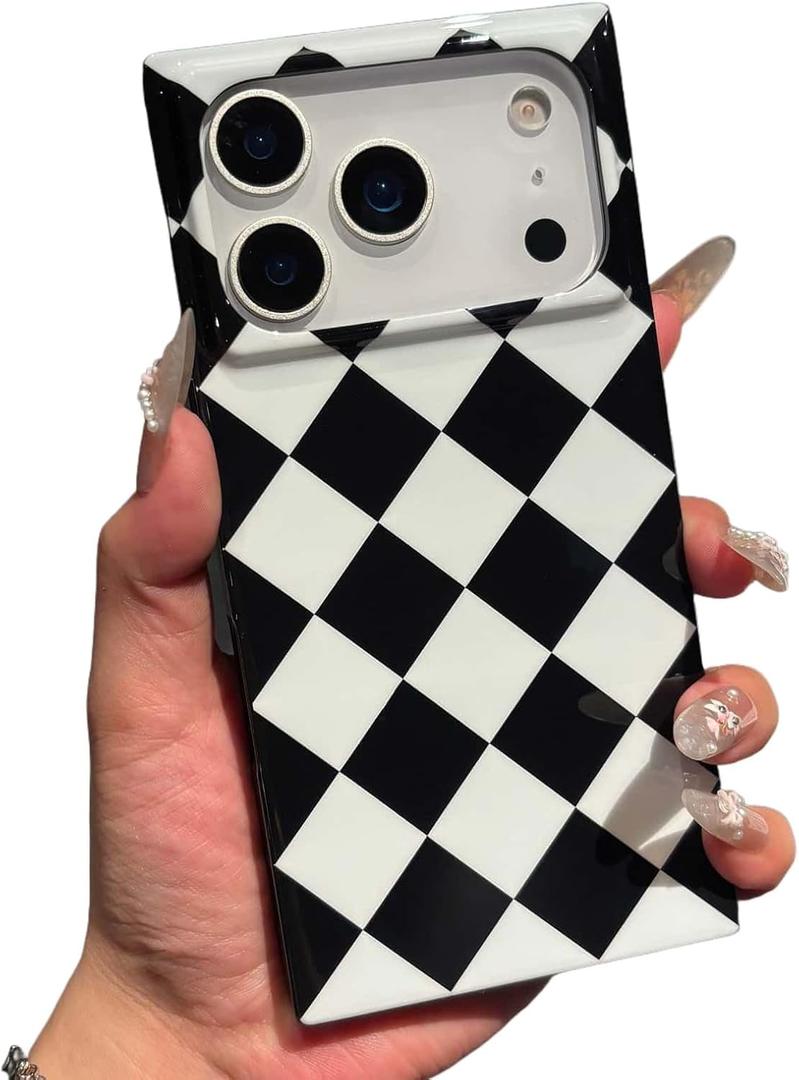 Checkered Magnetic Case for iPhone 17 Pro [Compatible with Magsafe] - Rectangular Harlequin Diamond Checker - Bold Protective Plaid Grid Phone Cover, Black White