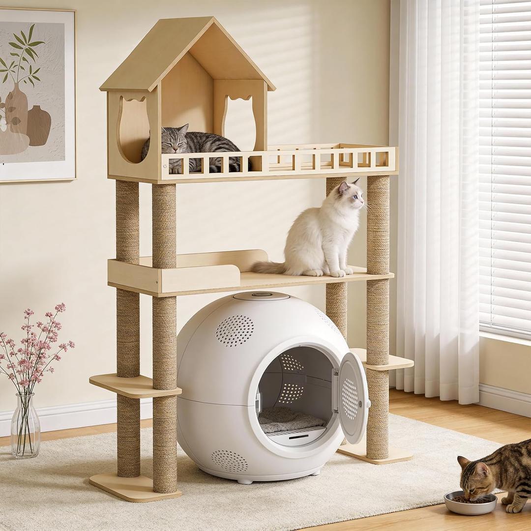 Wood Cat Tree for Automatic Litter Box, 60.2 Inch Tall Modern Cat Tree Tower with Litter Box Enclosure, Multi-Level Wooden Cats Tower Furniture with Scratching Posts, Condo House for Indoor Cats C3