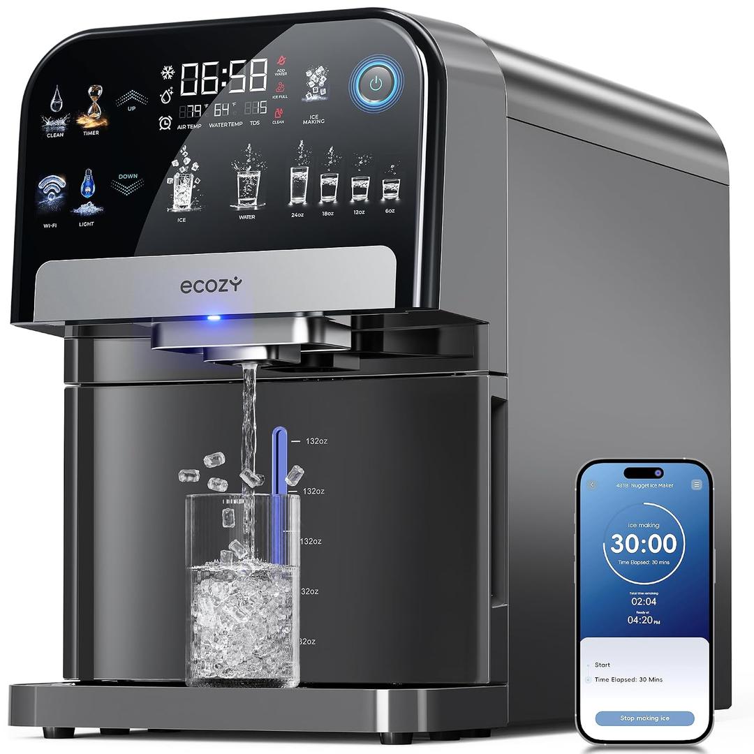 ecozy Nugget Ice Maker Dispenser Countertop, 2-in-1 Pebble Ice Machine & Water Dispenser with App Control, Sonic Crushed Ice Makers with Self-Cleaning, TDS Monitor, Measured Dispensing, 33 Lbs/Day