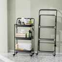 JAQ Foldable Rolling Cart, 3-Tier Metal Folding Storage Utility Carts Basket Rack with Removable Handle on Wheels for Snacks Books Fruits for Kitchen Dorm Pantry Bathroom - (Black, 3-Layer)