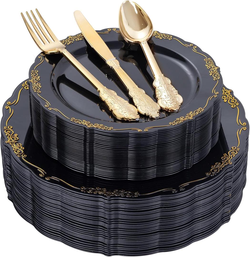 DaYammi 150Pcs Black Gold Plastic Plates & Plastic Silverware,Black Disposable Plates for Party Include 30 Dinner Plate,30 Dessert Plate,30 Knives,30 Forks,30 Spoons,black plates for New Year Wedding