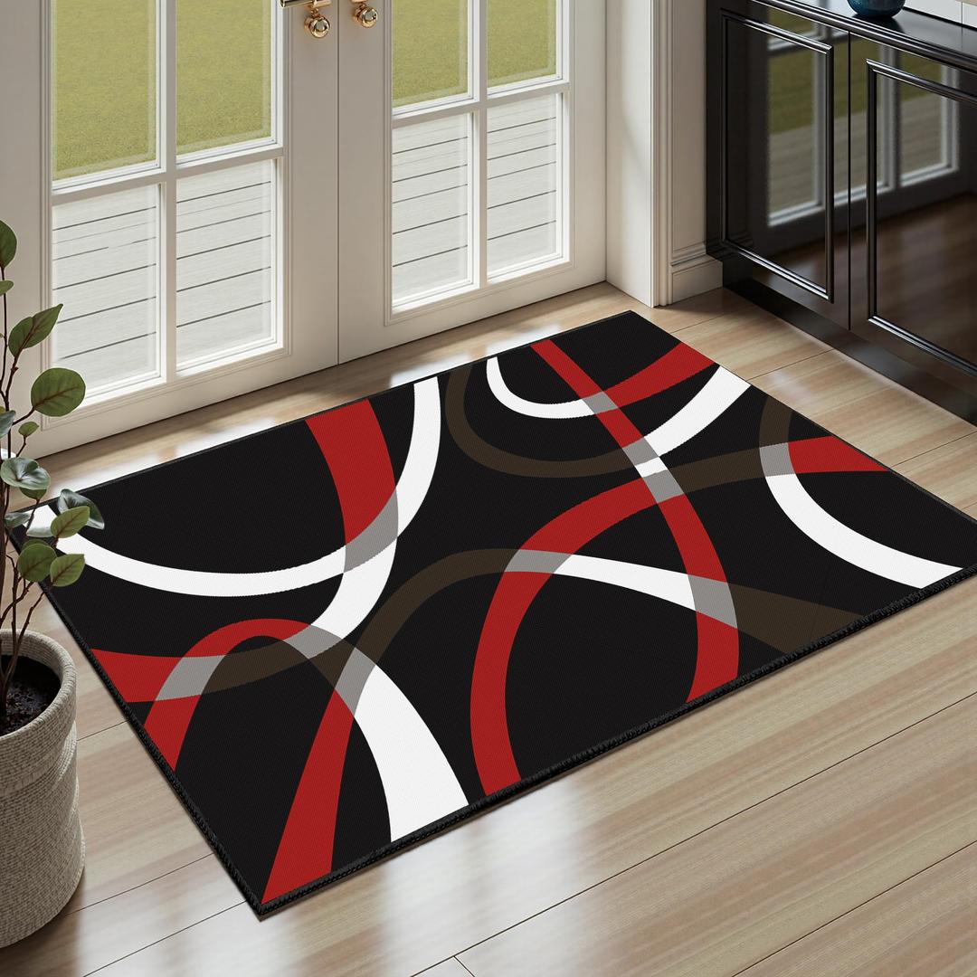 Classical Modern Black and Red Stripe Pattern Area Rug for Living Room 6x9 Outdoor Rug Non Slip&Non-Shedding Low Pile Indoor Large Carpets for Bedroom, Dining Room, Home Office, Bathroom