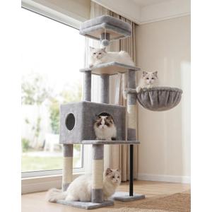 Heybly Cat Tree, 49.2 Inches Cat Tower for Indoor Cats, Spacious Cat House Condo with Hidden SpaceSturdy Steel TubeSoft Plush Top PerchCozy Hammock and Sisal Scratching Posts, Light Gray HCT200SW