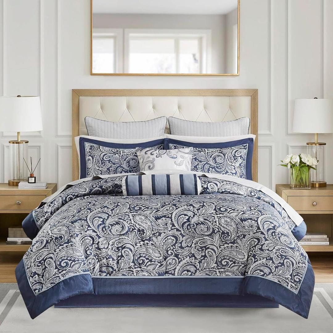 Madison Park Aubrey Cozy Comforter Set, Faux Silk Jacquard Paisley Design - All Season Down Alternative Bedding with Cotton Bed Sheets, Bed Skirt & Toss Pillows, King Navy 12 Piece