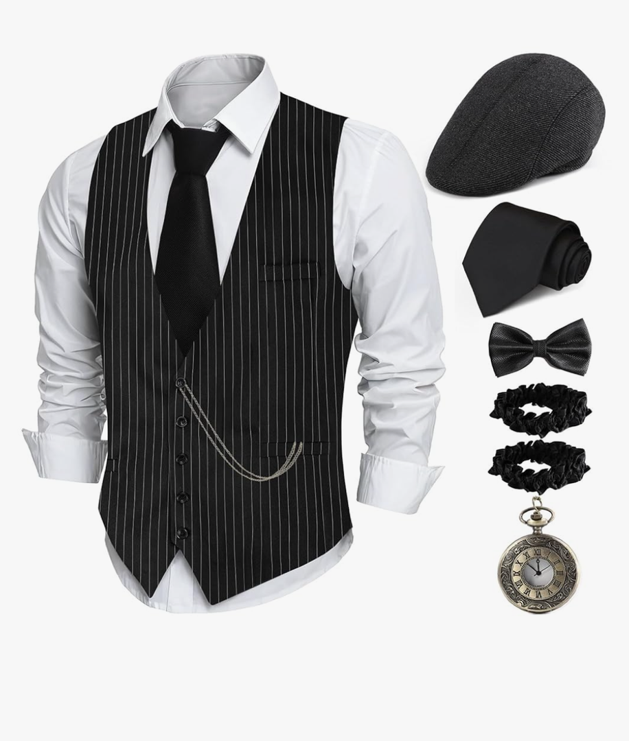 1920s Mens Costume,Roaring 20s Costumes for Men,1920S Mens Outfit Accessories with Vest Hat Pocket Watch Tie Armband, Size S 