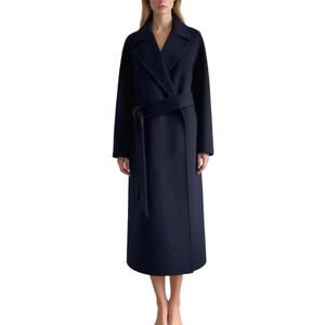 Women's Cashmer and Merino Wool Blend Double Breasted Long Trench Outdoor Coat for Fall Winter (Navy Blue)