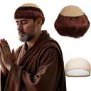 Short Monk Wig Brown Funny Wigs for Adults Cosplay Monk Costume Men Halloween Bald Wig Ugly Wigs for Friar Costume Christmas Themed Party Outfit +Hair Cap