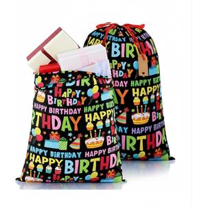Pickmesh 2 Pcs Happy Birthday Drawstring Gift Bags 20 x 28 Inch Extra Large Baby Shower Bags Fabric Colorful Baby Shower Wrapping Pouch for Gender Reveal Supplies Decor((Black Birthday, Black)