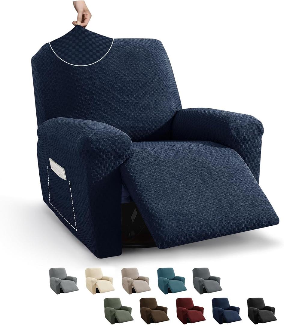 MAXIJIN Recliner Cover Slipcovers for Living Room 4 Pieces Stretch Jacquard Recliner Chair Cover Soft Fitted Recliner Protector with Elastic Bottom for Kids, Pets (Recliner, Navy Blue)