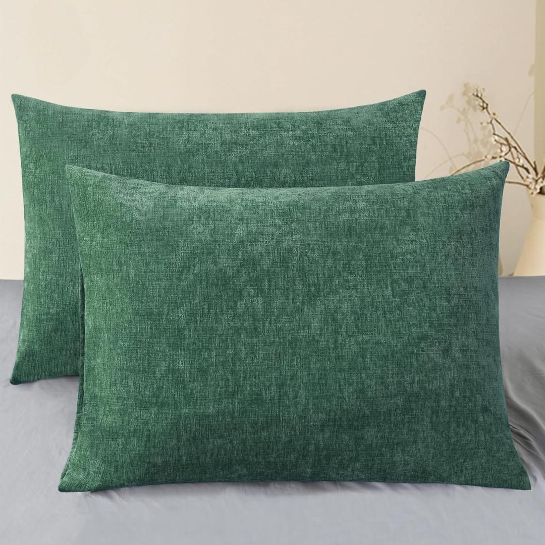 CaliTime Throw Pillow Covers Decorative 20 X 26 Inches Pack of 2 Cozy Chenille Standard Pillow Shams Cases for Couch Sofa Bed Living Room Home Dark Green (26" x 20" (Pack of 2))