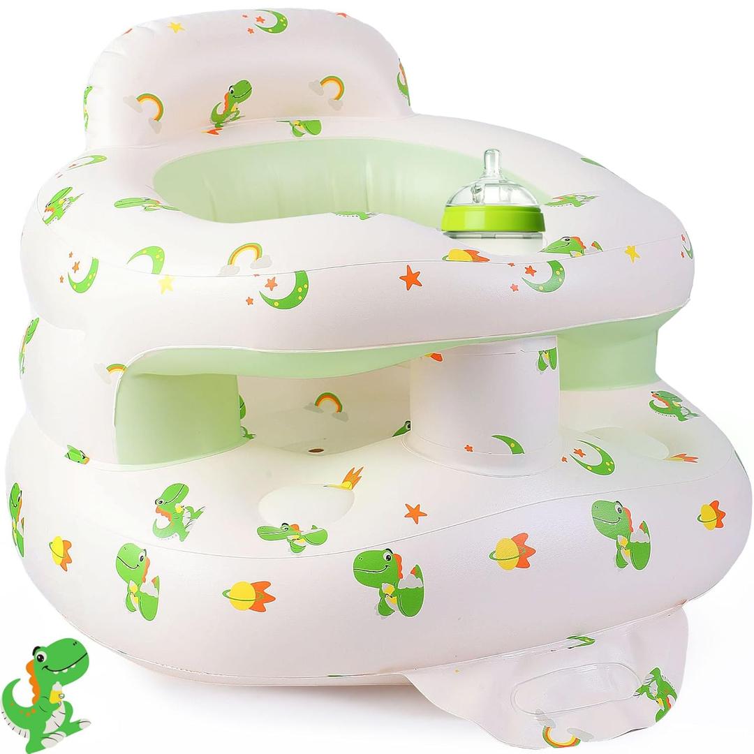 Upgraded Inflatable Baby Seat with Safety Guardrails, Thicker Sit Me Up Floor Seat for Baby Chair Sit Me Up, Blow Up Baby Chair Built in Air Pump for Babies 3-36 mth (Green Dinosaur -Guardrail)