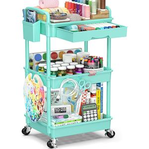 3-Tier Rolling Cart with Drawer & Lockable Wheels, Bathroom Storage Organizer Multifunctional Rolling Storage Cart for Bathroom, Kitchen, Office, Craft, Makeup, Baby Essentials, Blue