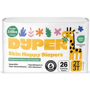 DYPER Toddler Potty Training Pants Girls & Boys, Honest Ingredients, Day & Overnight, Made with Plant-Based* Materials, Hypoallergenic for Sensitive Skin, Unscented (2T-3T (26 Pants))