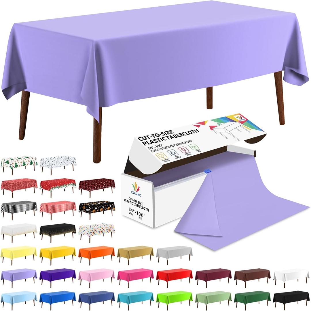 CXPSINC 54 Inch X 100 Feet Plastic Table Cover Roll Disposable Tablecloth with Slide Cutter for All Type/Shape Tables | Party, Banquet, Birthdays, Weddings(Purple, 100 Feet)