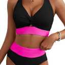 Herseas Women's 2 Piece Bikini Sets Twist Front Top Lily Print Swimsuits High Waisted Bathing Suit Beach Summer Swimwear (Black, L)