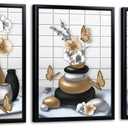 RnnJoile Brown Bathroom Decor Zen Pictures Wall Art Orchid Flower Zen Stone Modern Bathroom Decor Black Frame 12x16 inch each piece