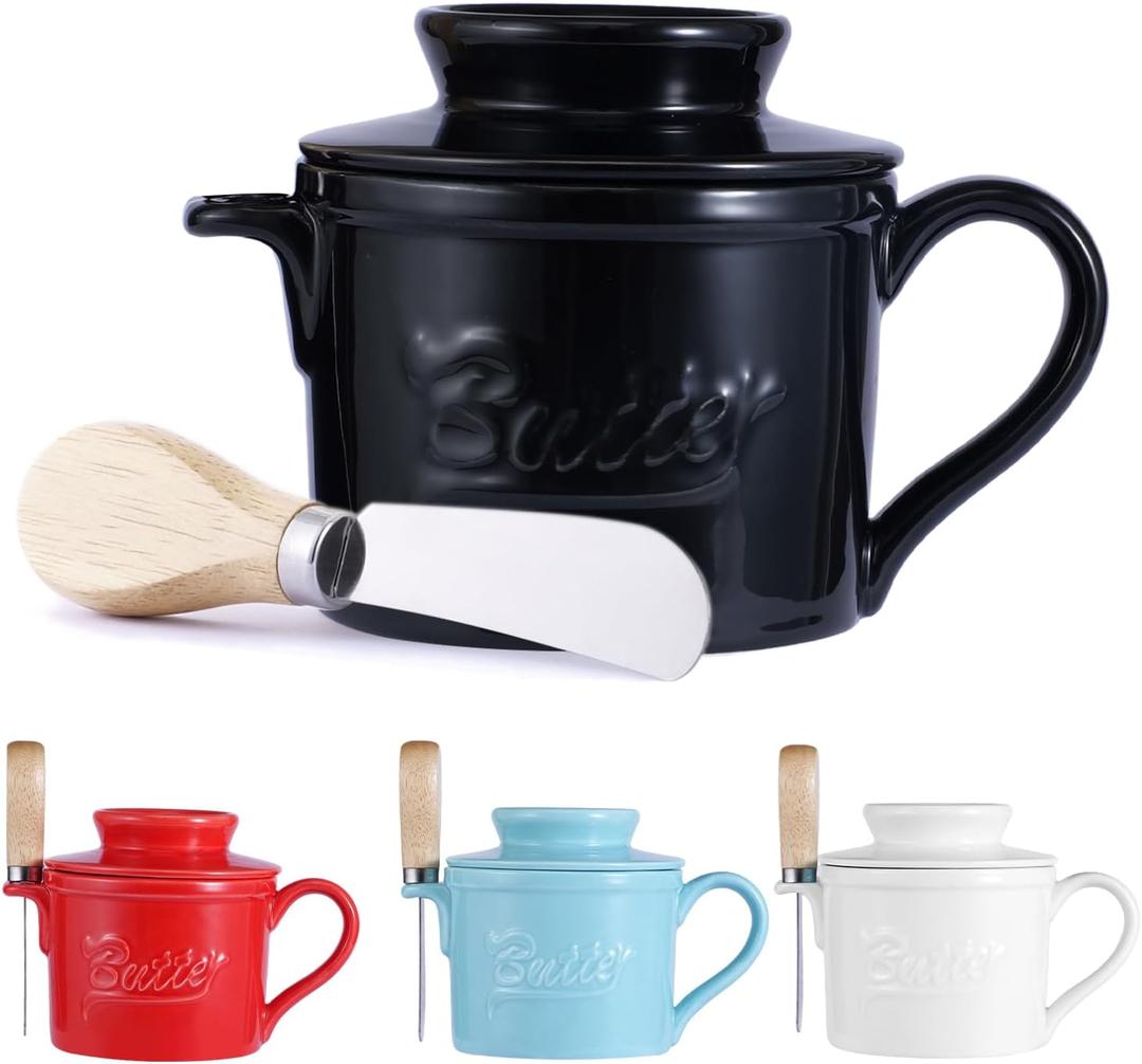 Butter Dish with Lid, French Ceramic Butter Crock with Water Line for Countertop, Keeps Butter Spreadable, Includes Knife and Non-Slip Handle, Kitchen Home Decor, Black