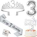 3rd Birthday Decorations for Girls Silver with 3rd Birthday Sash and Tiara, Cake Topper and Candle, Silver Number Balloon, 3 Year Old Gifts for Girls
