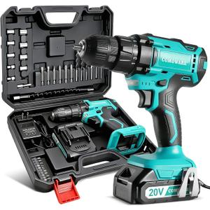 COMOWARE 20V Cordless Drill, Electric Power Drill Set with 1 Battery & Charger, 3/8” Keyless Chuck, 2 Variable Speed, 266 In-lb Torque, 25+1 Position and 34pcs Drill/Driver Bits