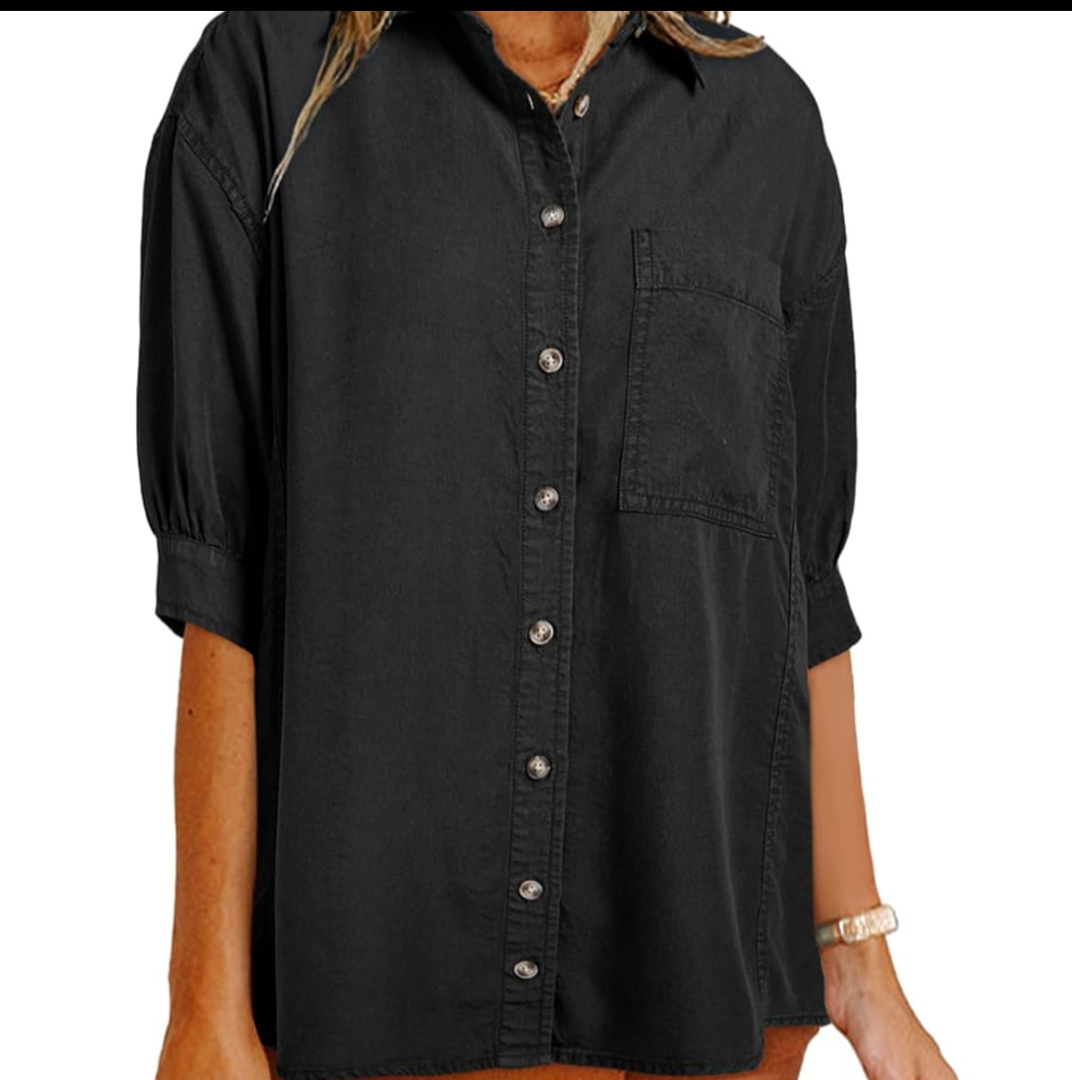 Astylish Women 2025 Denim Shirt Summer Oversized Short Sleeve V Neck Button Down Chambray Blouse Top with Pocket. Size Large