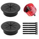 2 Pack Desk Grommet 2 Inch (50 mm), Desk Hole Cover for Cables, Black Desk Cord Hole Cover for Office Home Table, Cable Grommet with 1 Hole Saw Drill Attachment & 6 Cable Ties