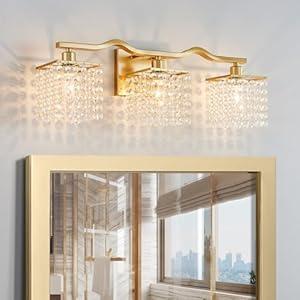 WUZUPS 3-Light Bathroom Light Fixture Over Mirror Morden Vanity Wall Sconces Light Clear Crystal Drop for Bedroom Living Room, E12 Base, Gold