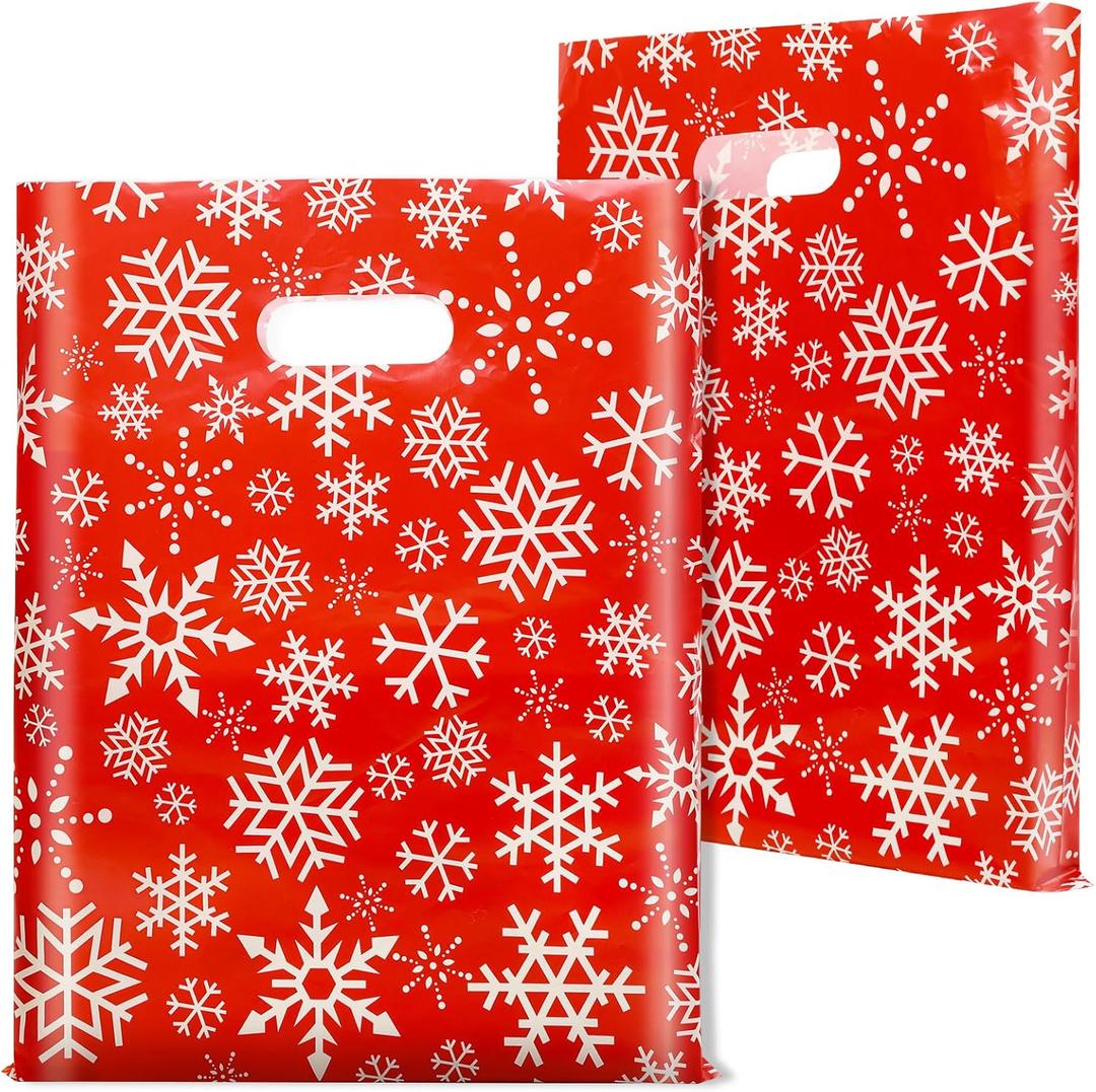 FloraSea 100 Pack Christmas Bags Bulk, 12 x 15 Inches Snowflakes Merchandise Bags Plastic Gift Bags with Handles Reusable Retail Shopping Goodie Bags for Christmas Party Favor Supplies and Business