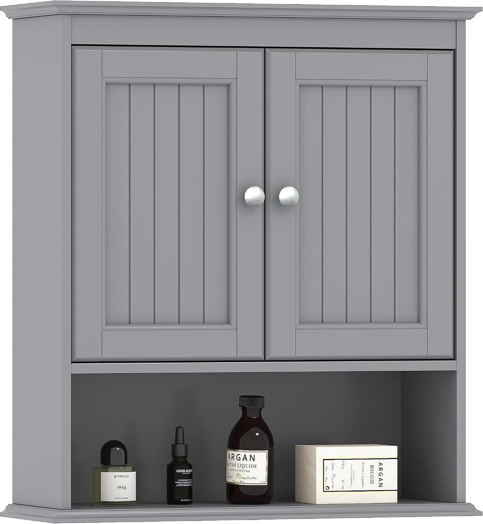 Spirich Bathroom Wall Cabinet, Wall Mounted Medicine Cabinet Organizer, Over The Toilet Storage Cabinet with Doors and Shelves, Gray